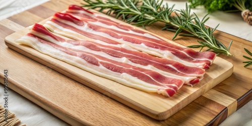 Raw bacon slices on wooden cutting board photo