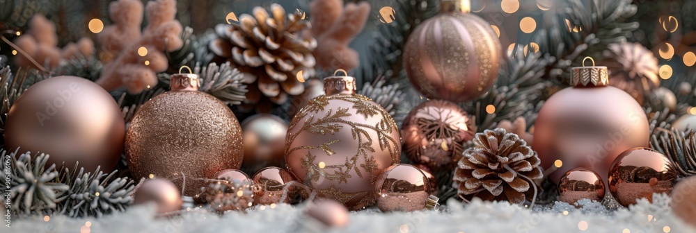 Elegant Rose Gold Christmas Decorations with Glitter Baubles, Pinecones, and Bokeh Lights