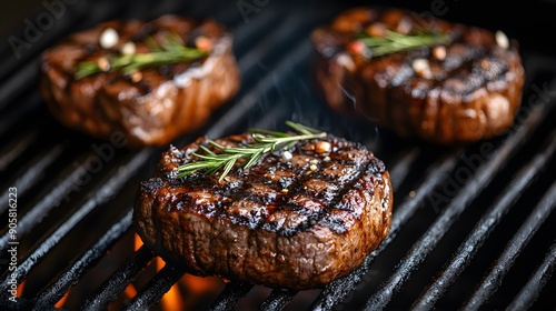 Sizzling Juicy Beef Steaks on the Grill. Perfect Grill Master Concept