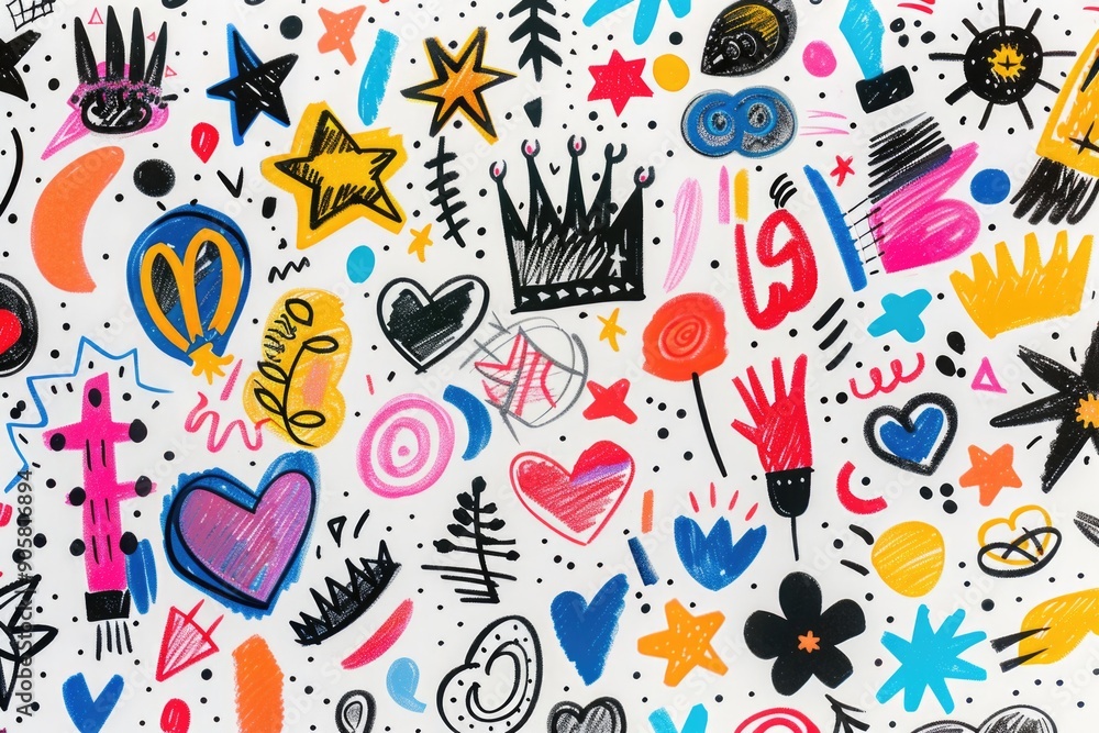 A playful design featuring many colorful doodles on a white background, suitable for use in children's books, educational materials or creative projects A playful design featuring many colorful doodles on a white background, suitable for use in children's books, educational materials or creative projects