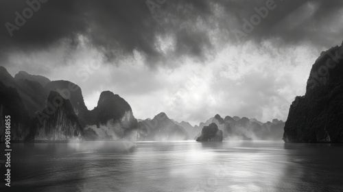 Mystical Limestone Karsts Rising from the Sea in Halong Bay Vietnam photo