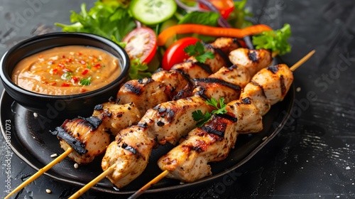 Delicious Indonesian Chicken Satay Skewers. Juicy and Charred Asian Street Food Concept