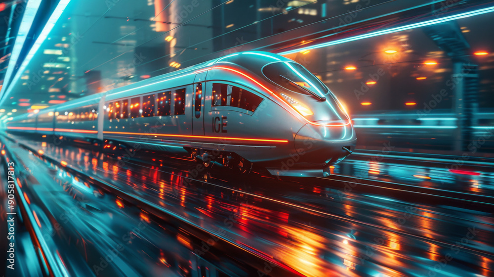A modern high-speed train moving through a city station at night, reflecting lights on wet tracks. A modern high-speed train moving through a city station at night, reflecting lights on wet tracks.