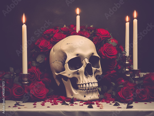 Vanitas Still Life painting look image with candles. AI generated image. photo