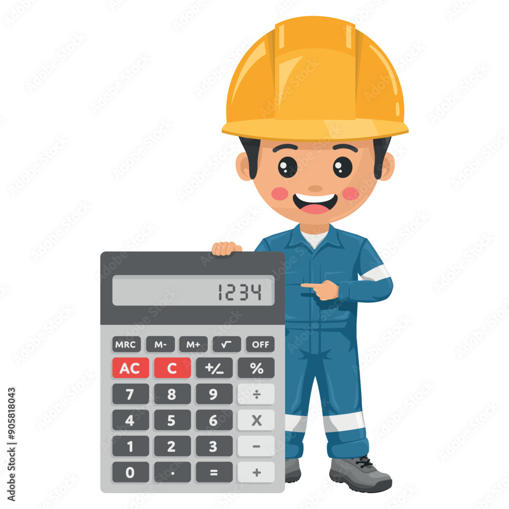 Industrial mechanic worker with giant calculator for financial analysis, accounting and budget calculation. Industrial safety and occupational health at work Industrial mechanic worker with giant calculator for financial analysis, accounting and budget calculation. Industrial safety and occupational health at work