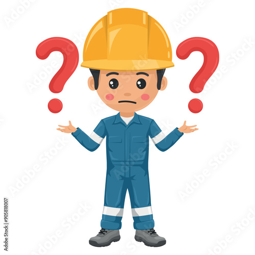 Industrial mechanic worker with giant question sign for FAQ concept. Supervisor engineer with his coverall and personal protective equipment. Industrial safety and occupational health at work