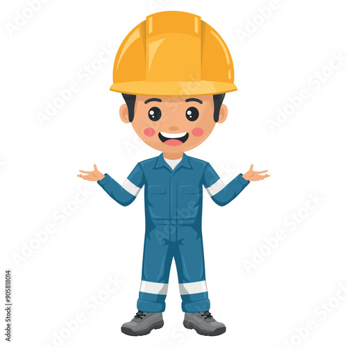Industrial mechanical worker with open hands. Supervisor engineer with his coverall and personal protective equipment. Safety first. Industrial safety and occupational health at work