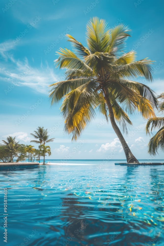 Obraz premium A palm tree sits in the middle of a swimming pool, providing shade and a unique touch to this backyard scene