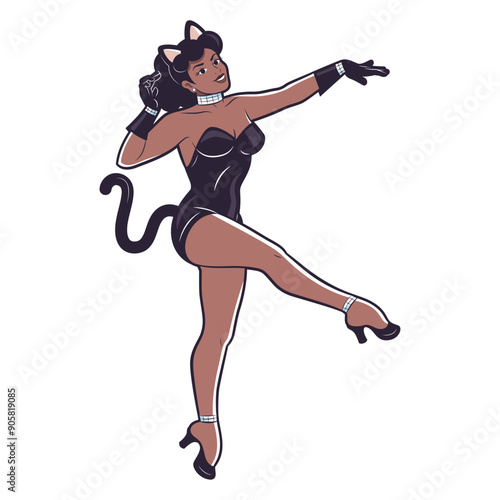 Vector Beautiful Cat Girl Cartoon Pin Up Retro Style Illustration Isolated