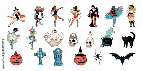 Vector Happy Halloween Characters Cartoon Retro Style Set Illustration Isolated