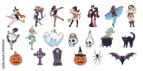 Vector Happy Halloween Characters Cartoon Retro Style Set Illustration Isolated