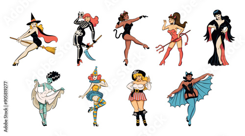 Vector Beautiful Girls Characters Halloween Cartoon Pin Up Retro Style Set Illustration Isolated