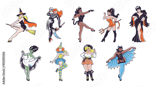 Vector Beautiful Girls Characters Halloween Cartoon Pin Up Retro Style Set Illustration Isolated