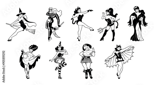 Vector Beautiful Girls Characters Halloween Cartoon Pin Up Retro Style Set Illustration Isolated