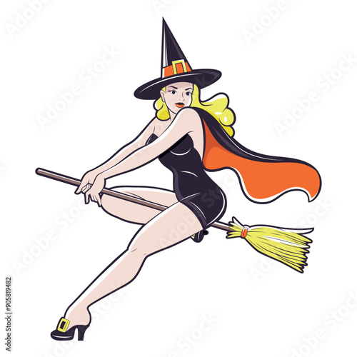 Vector Beautiful Witch Cartoon Pin Up Retro Style Illustration Isolated