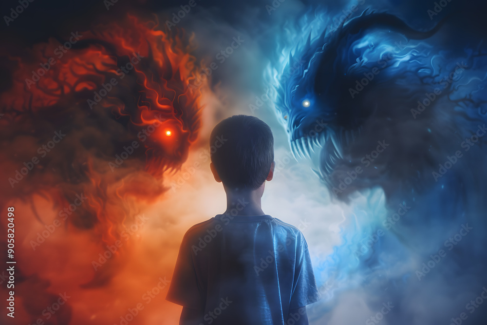 Haunting image of boy facing two monsters fighting Haunting image of boy facing two monsters fighting