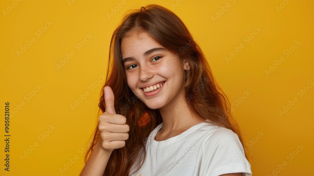 A happy young girl with long, bright red hair and a big smile gives a thumbs up to the camera A happy young girl with long, bright red hair and a big smile gives a thumbs up to the camera