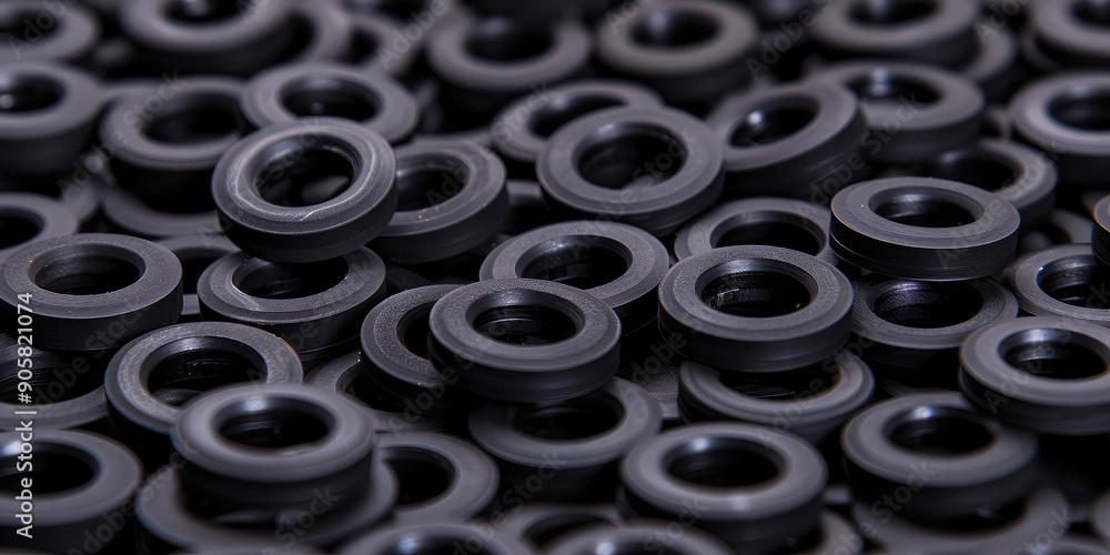 Close-up of lots of high-quality rubber gaskets, black essential component for automotive and machinery, auto parts store Close-up of lots of high-quality rubber gaskets, black essential component for automotive and machinery, auto parts store
