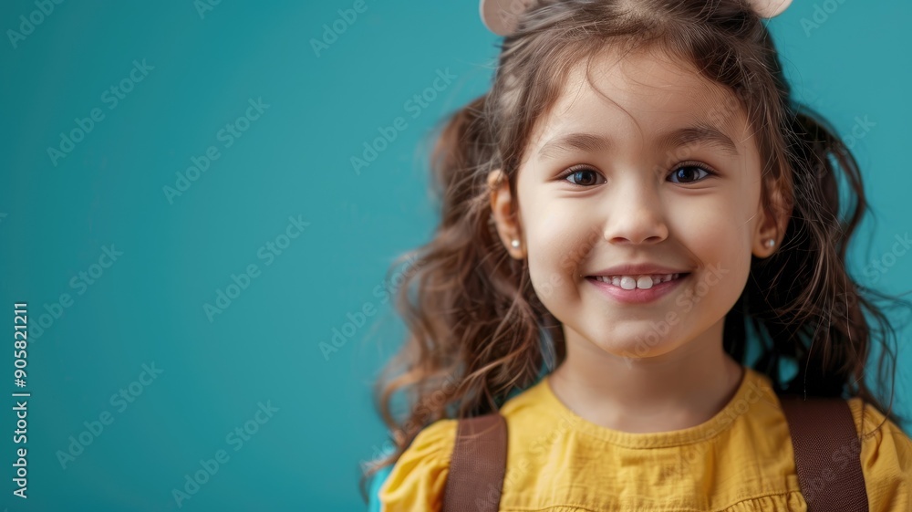 Smiling young girl with wavy hair and yellow top against blue background Smiling young girl with wavy hair and yellow top against blue background