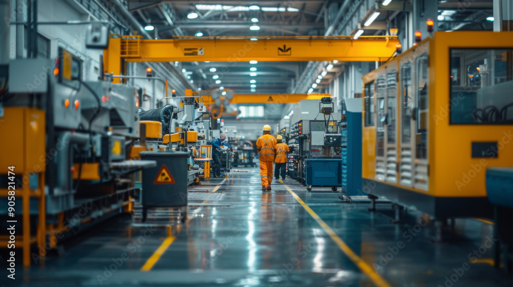 Two workers in a modern factory facility, wearing safety gear, walking down a clean and organized industrial workspace. Two workers in a modern factory facility, wearing safety gear, walking down a clean and organized industrial workspace.