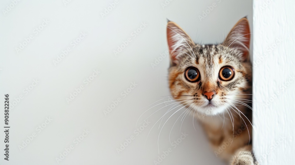 Adorable tabby cat peeking around white wall Adorable tabby cat peeking around white wall