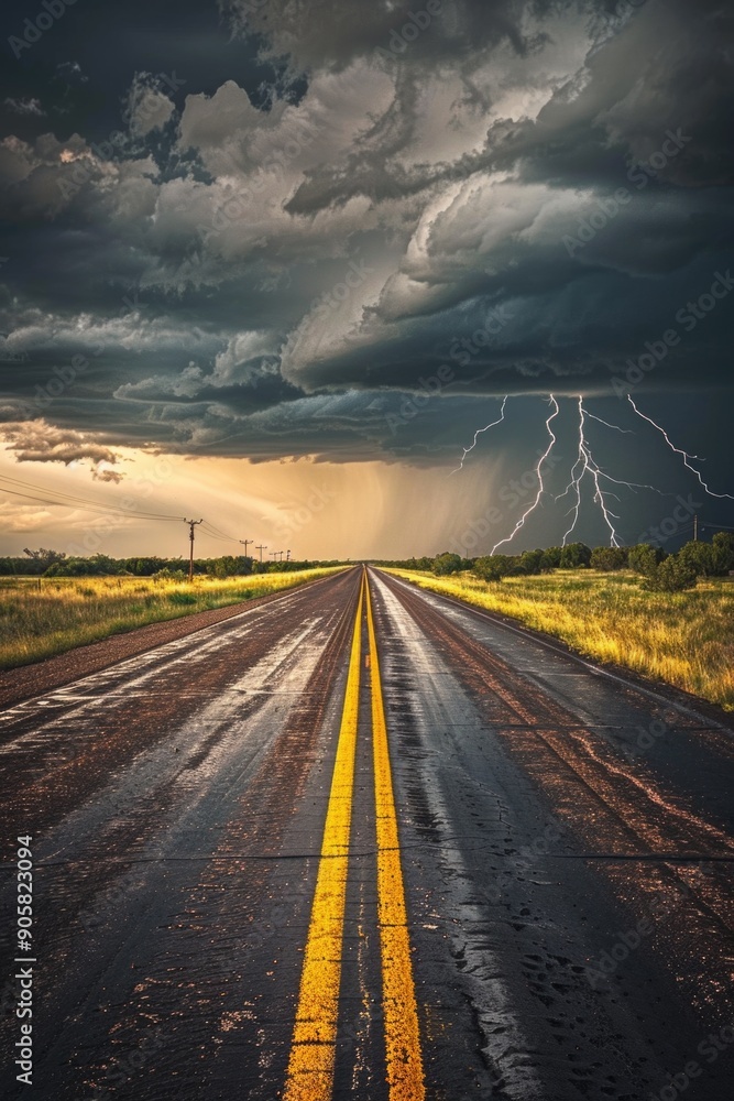 A road with a lightning bolt approaching in the distance A road with a lightning bolt approaching in the distance