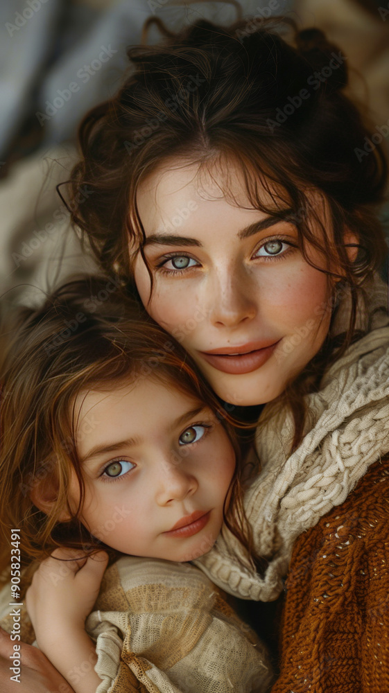Cozy Italian mom holding daughter, both smiling with love-filled eyes.generative ai Cozy Italian mom holding daughter, both smiling with love-filled eyes.generative ai