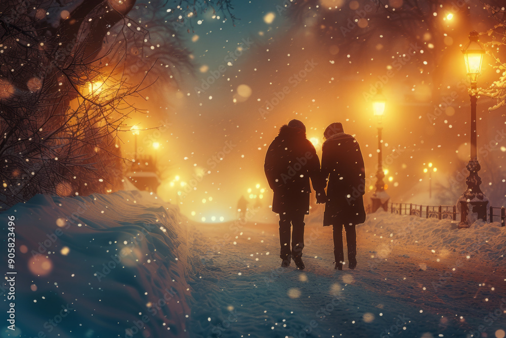 portrait of a couple in winter park during snow. perfect cover for romance books or love stories.generative ai portrait of a couple in winter park during snow. perfect cover for romance books or love stories.generative ai