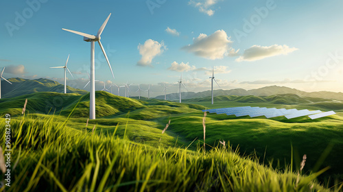 Wind Farm and Solar Panels in a Serene Green Landscape photo