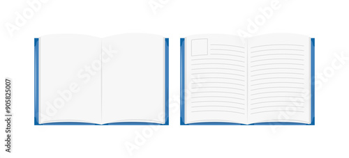 Blank open book, diary, planner isolated. Vector flat illustration of empty book and notebook pages. Top view. Design educational element with copy space