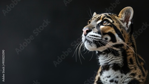 Close-up of ocelot looking up against dark background photo