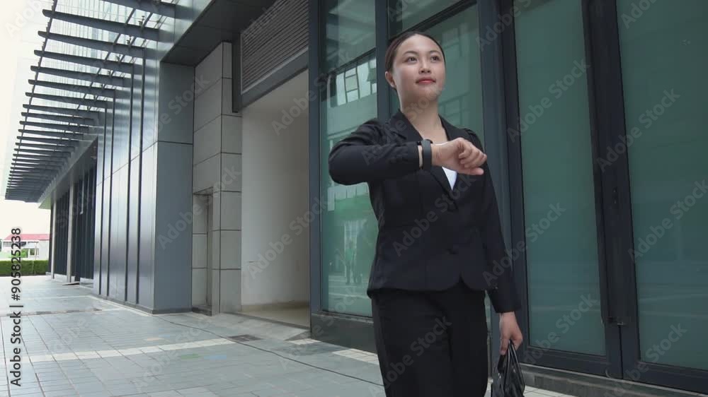 Asian businesswoman one hand holding watch another hand holding travel bag for work concept of fast paced work Asian businesswoman one hand holding watch another hand holding travel bag for work concept of fast paced work