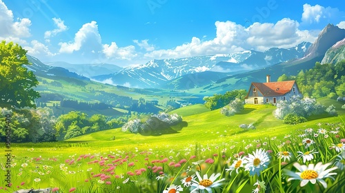 Spring landscape in Sunny day village with meadow on hills with blue sky, Panoramic countryside of green field with farmhouse, barn and grass flowers Summer or Spring nature background 