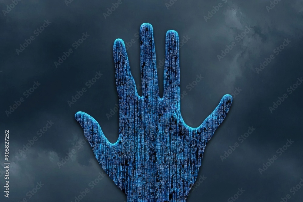 Digital hand emerging from a dark background with blue code symbolizing the integration of technology and humanity in a futuristic and cybernetic environment. Digital hand emerging from a dark background with blue code symbolizing the integration of technology and humanity in a futuristic and cybernetic environment.