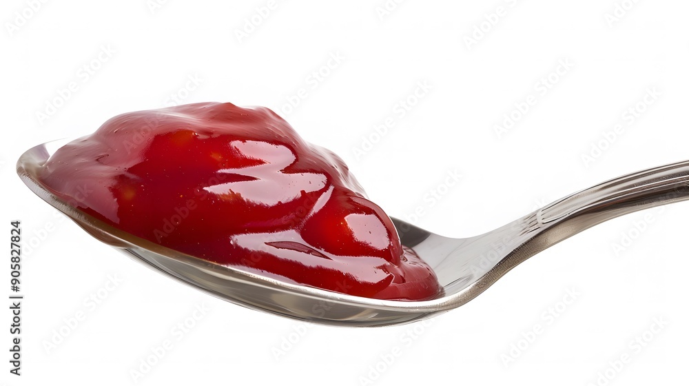 A spoonful of ketchup on a white background.
A spoonful of ketchup on a white background.
