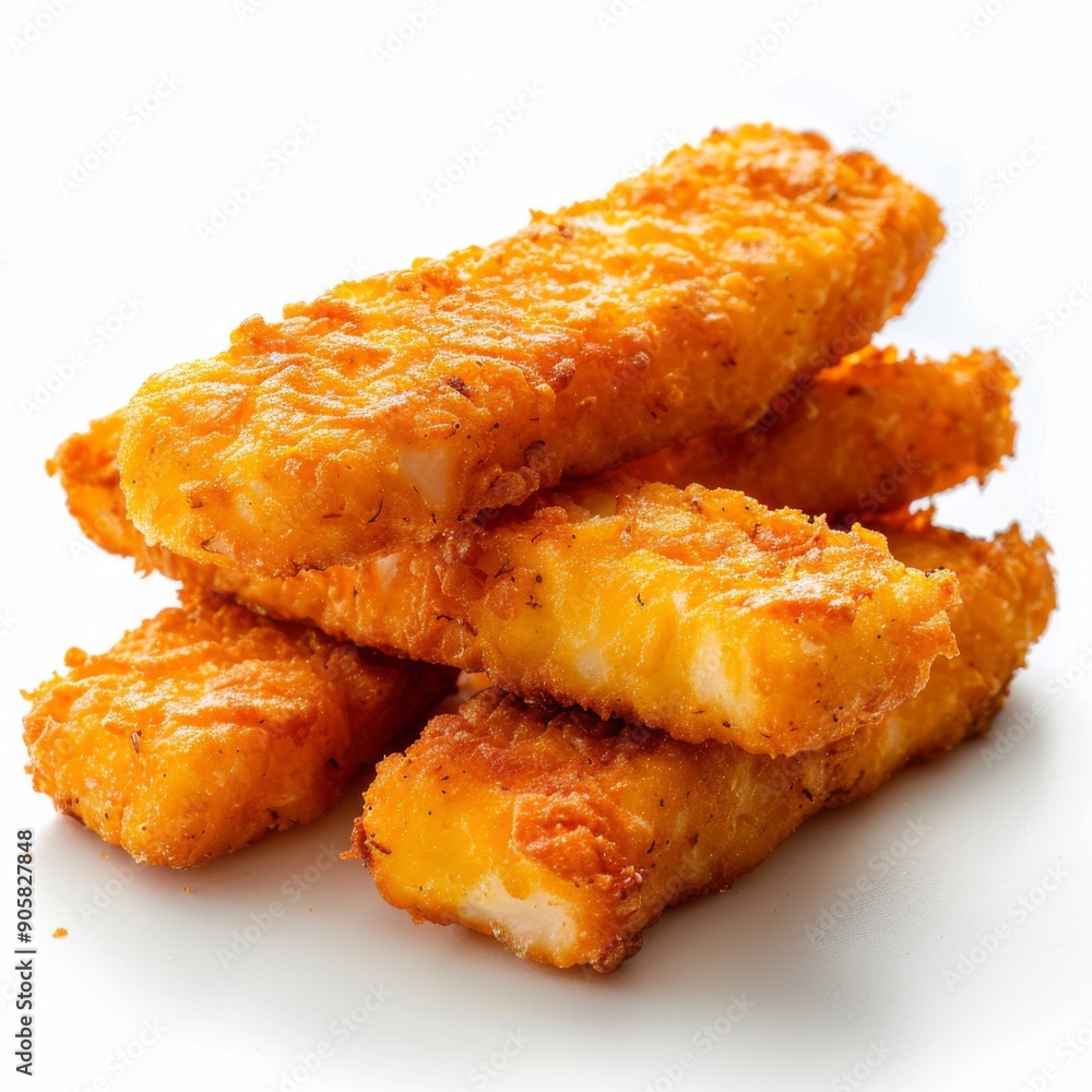 Golden Crispy Fried Fish Fingers Macro View on White Background - Irresistible Appetizing Bite for Food Enthusiasts and Bloggers. Golden Crispy Fried Fish Fingers Macro View on White Background - Irresistible Appetizing Bite for Food Enthusiasts and Bloggers.