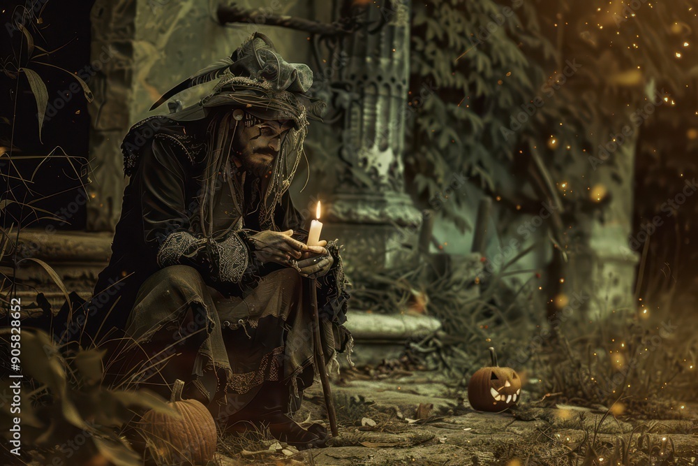 Fototapeta premium Witch in Dark Garb Holding Candle by Old House in Autumn at Dusk