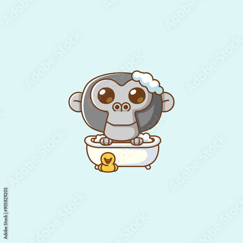 Cute chimpanzee bathing time in bathtub kawaii chibi character mascot illustration outline style design