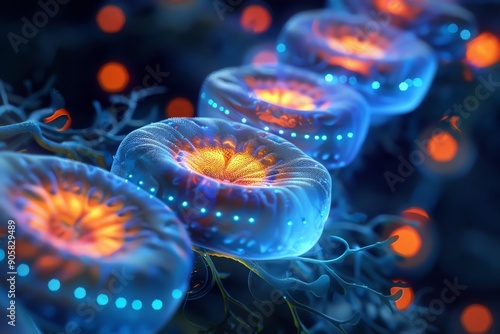 photorealistic digital rendering of a close-up view of bioluminescent bacteria under a microscope, highlighting their glowing properties with meticulous precision photo