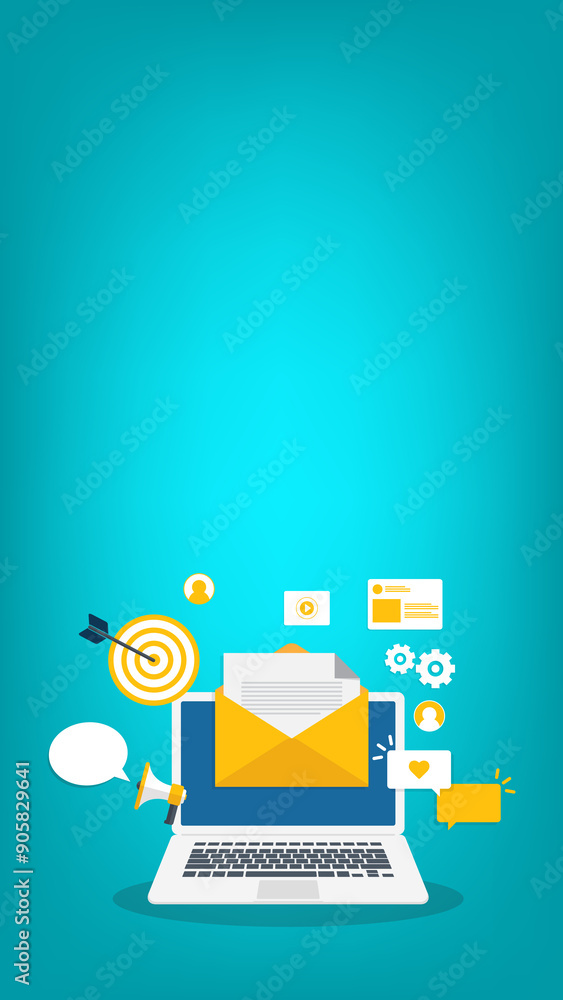 Digital email marketing. Reaching online audience with email marketing campaign, newsletter subscription. Sending marketing messages via email. Digital email marketing. Reaching online audience with email marketing campaign, newsletter subscription. Sending marketing messages via email.