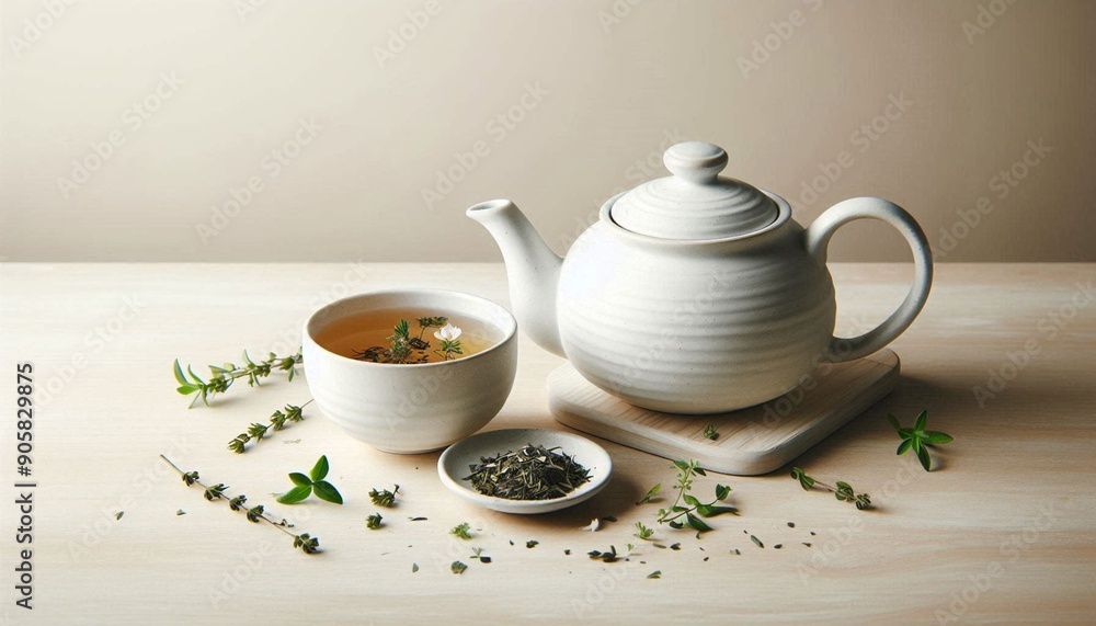 Elegant White Ceramic Teapot and Cup with Herbal Tea on Wooden Surface Elegant White Ceramic Teapot and Cup with Herbal Tea on Wooden Surface