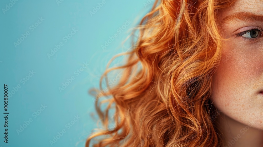 Naklejka premium Close-up of red-haired woman's wavy hair against blue background
