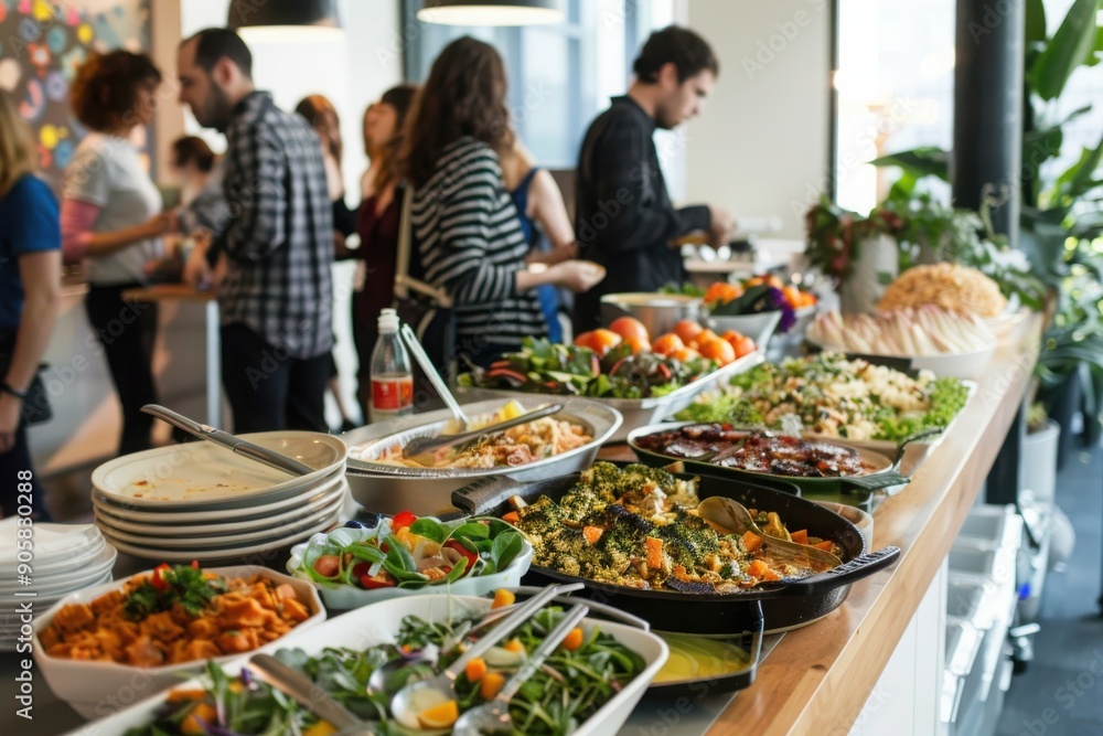 A vibrant buffet spread with various dishes, showcasing colorful ingredients and happy people enjoying their meal. A vibrant buffet spread with various dishes, showcasing colorful ingredients and happy people enjoying their meal.