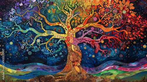Vibrant and colorful nature art depicting a mystical tree with multicolored leaves against a starry night background, evoking a sense of magic.