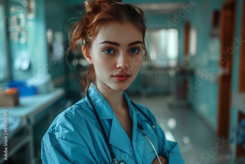 Young Female Doctor in a Hospital Corridor