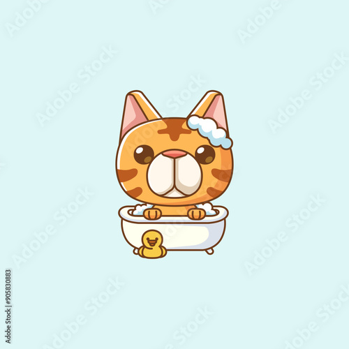 Cute stray cat bathing time in bathtub kawaii chibi character mascot illustration outline style design