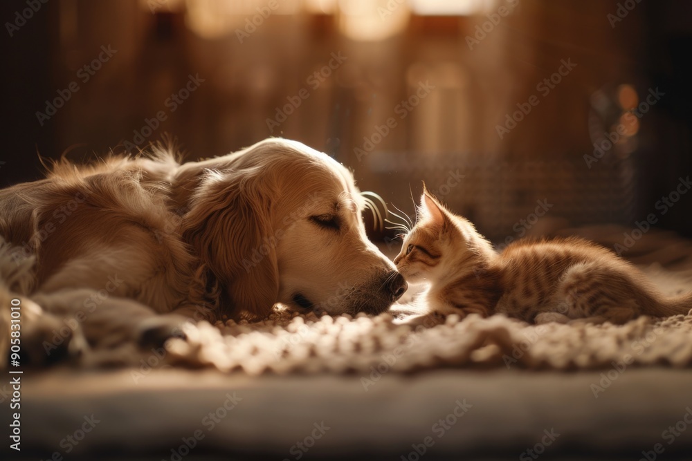 A dog and a cat relaxing together on a carpet A dog and a cat relaxing together on a carpet