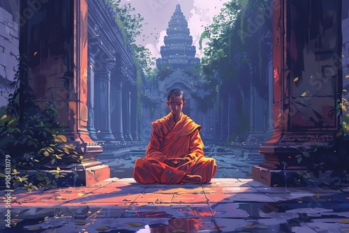 A serene monk in vibrant robes meditates peacefully in an ancient temple, surrounded by lush greenery and historic architecture.