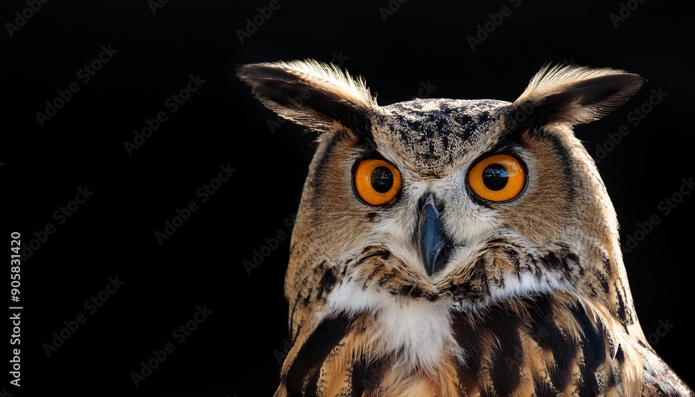 Fototapeta premium the horned owl with one open eye isolated on a black background