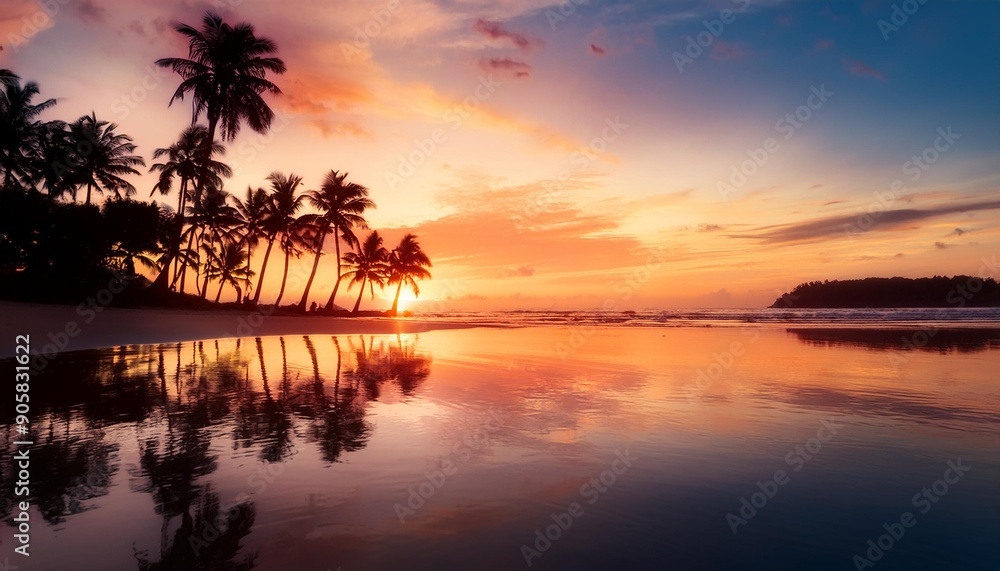 a tranquil tropical sunset with silhouetted palm trees and vibrant reflections on water a tranquil tropical sunset with silhouetted palm trees and vibrant reflections on water